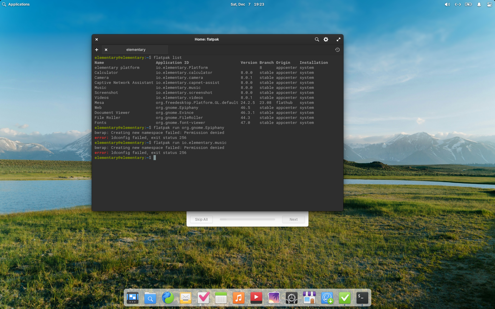 elementary desktop screenshot: 8.0 flatpak error