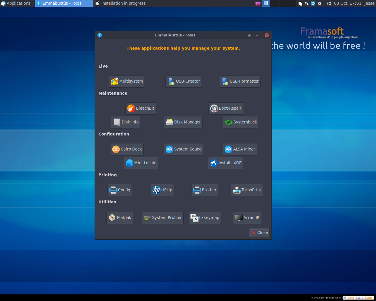 Emmabuntüs desktop screenshot: de3 1.00 tools