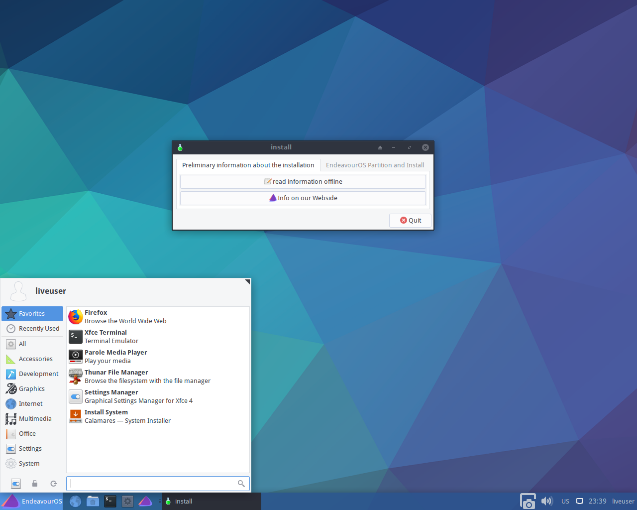 EndeavourOS desktop screenshot: 2019.07.15 live