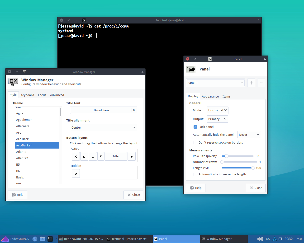 EndeavourOS desktop screenshot: 2019.07.15 settings