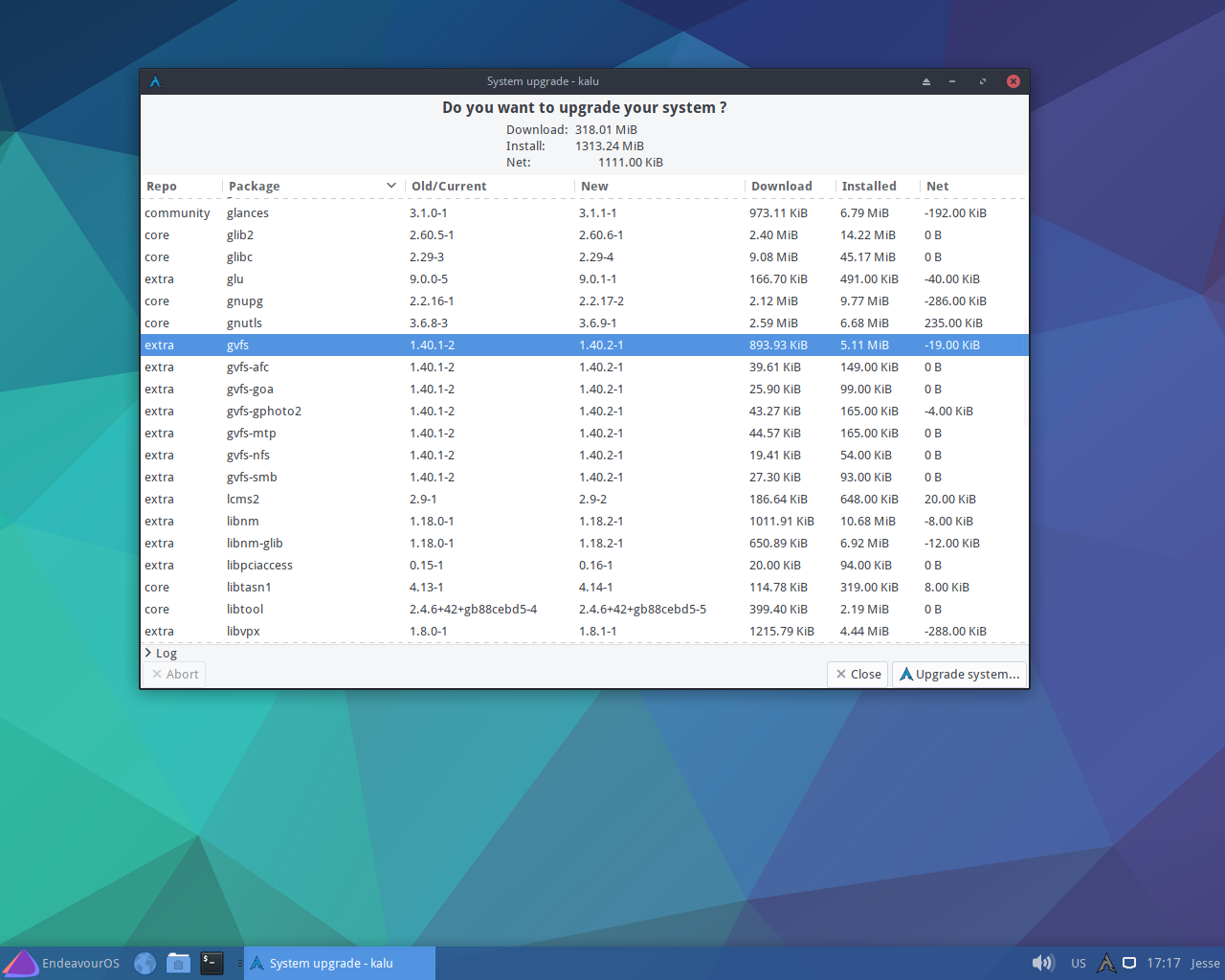 EndeavourOS desktop screenshot: 2019.07.15 updates