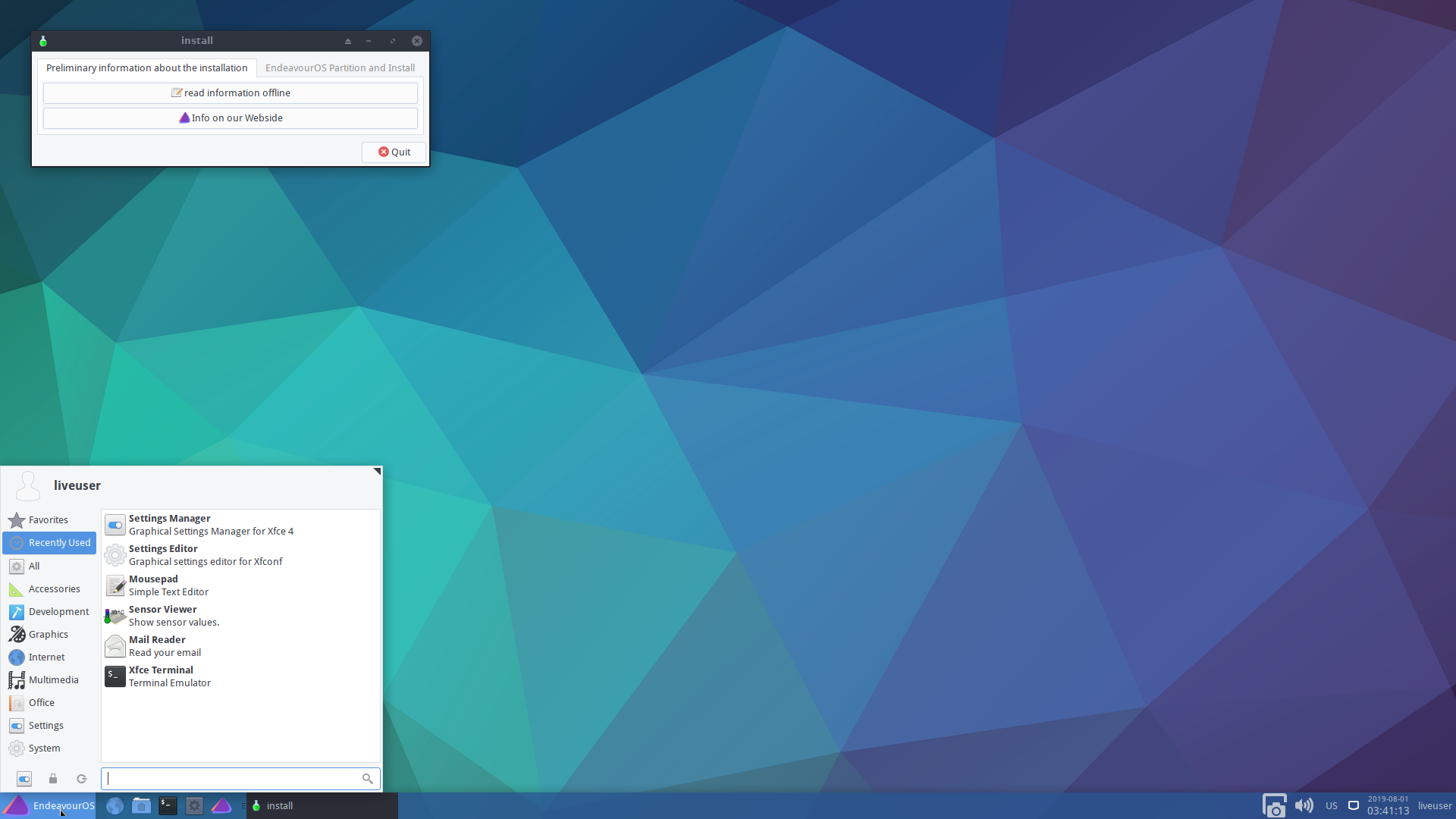 EndeavourOS desktop screenshot: 2019.07.15