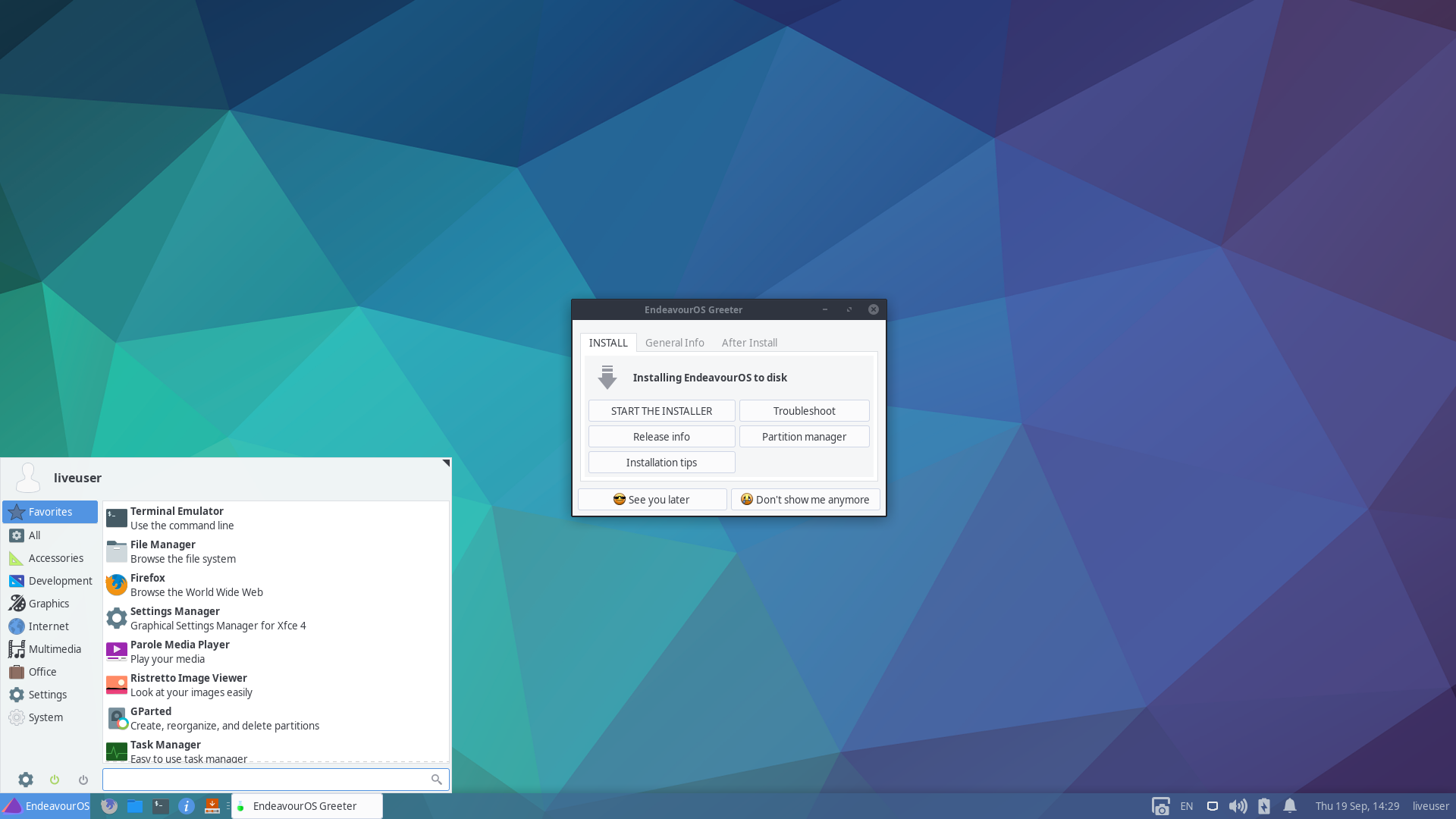 EndeavourOS desktop screenshot: 2019.09.15