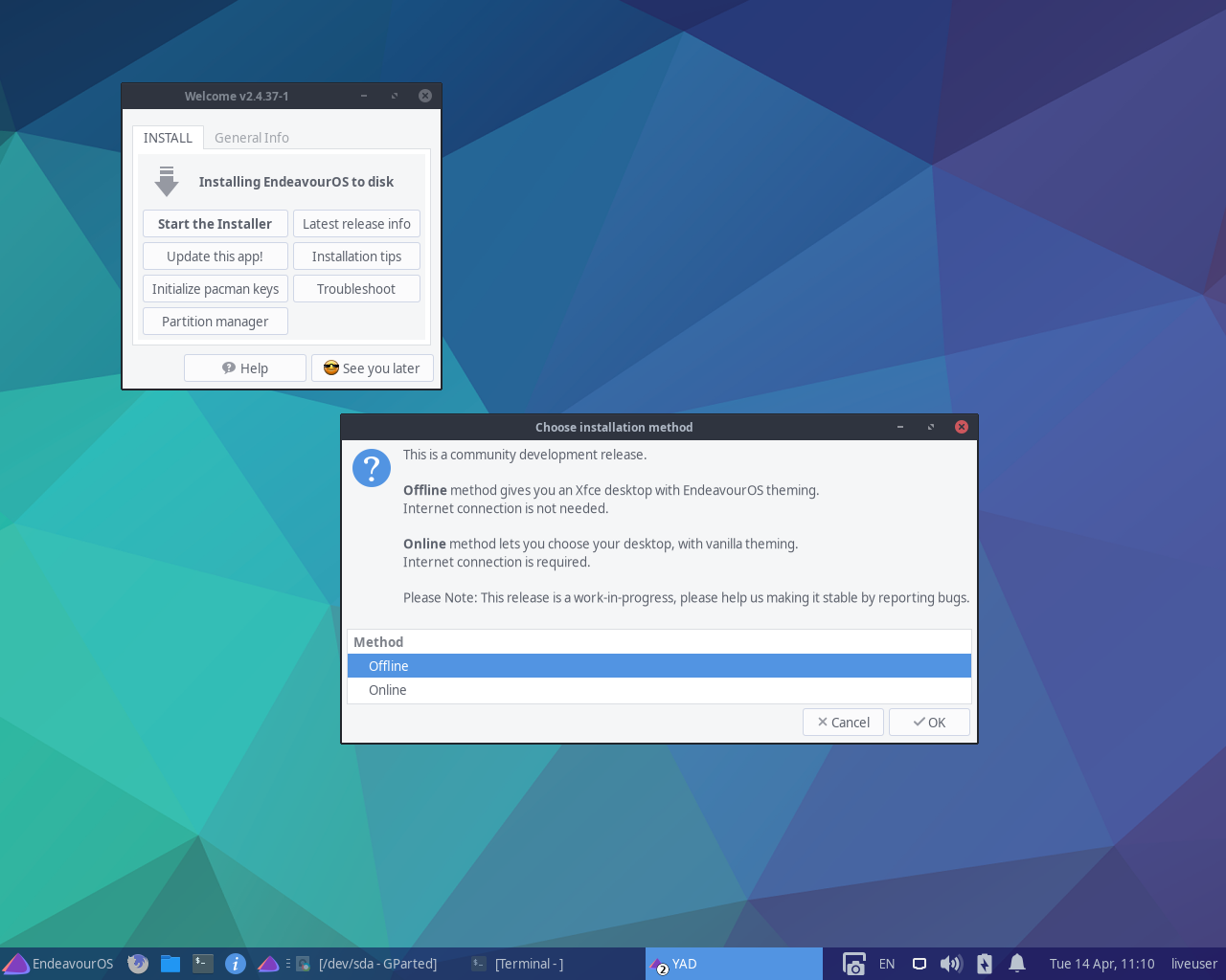 EndeavourOS desktop screenshot: 2020.04.11 on off