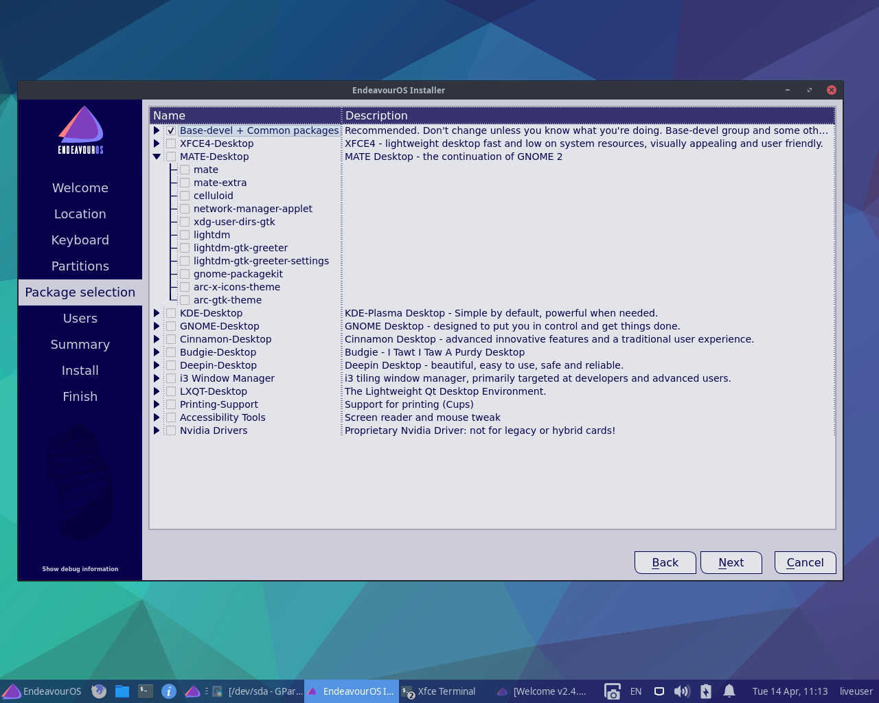 EndeavourOS desktop screenshot: 2020.04.11 selection