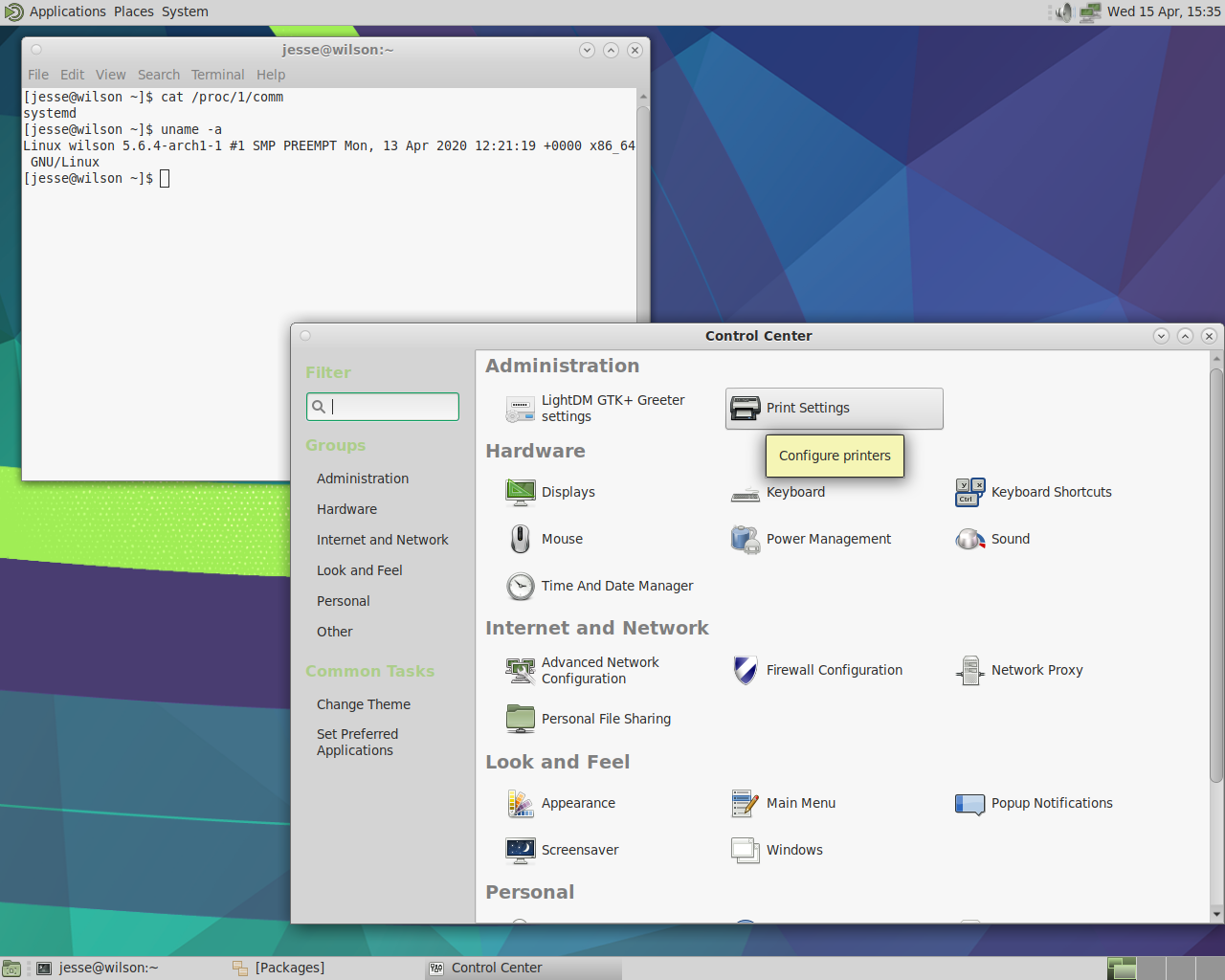 EndeavourOS desktop screenshot: 2020.04.11 settings