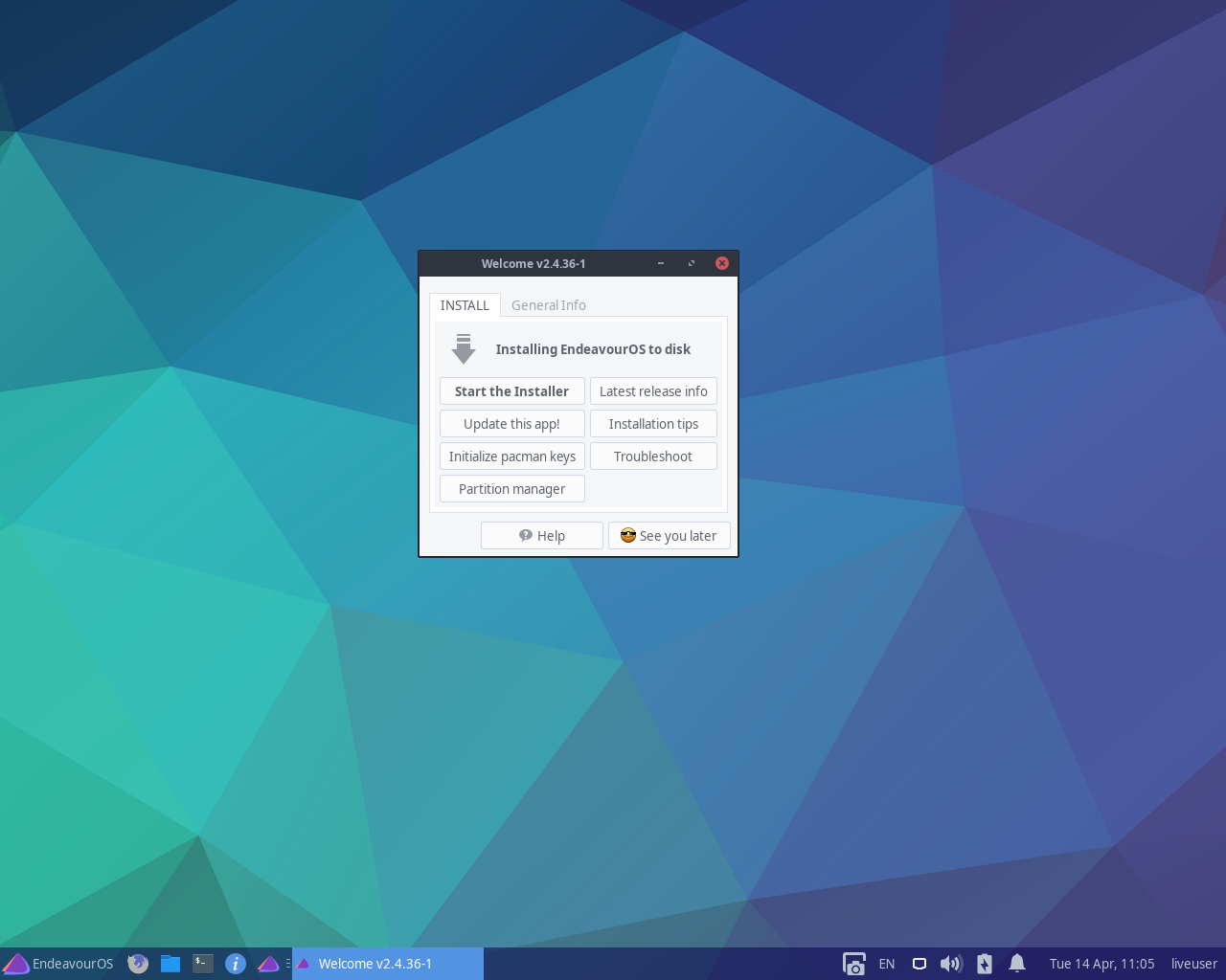 EndeavourOS desktop screenshot: 2020.04.11 welcome