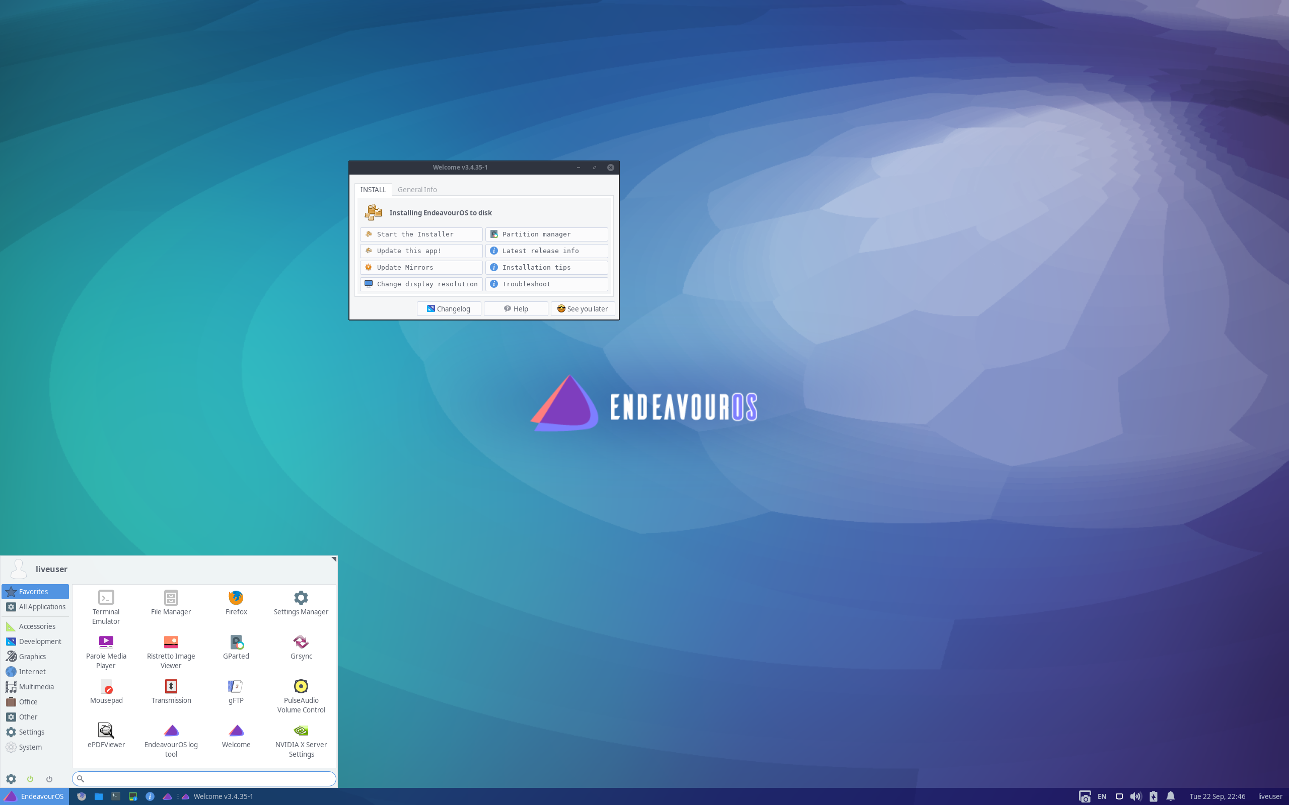 EndeavourOS desktop screenshot: 2020.09.20