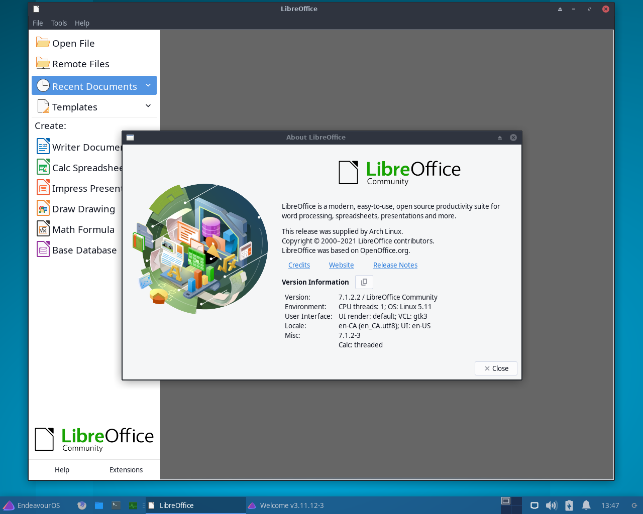 EndeavourOS desktop screenshot: 2021.04.17 office