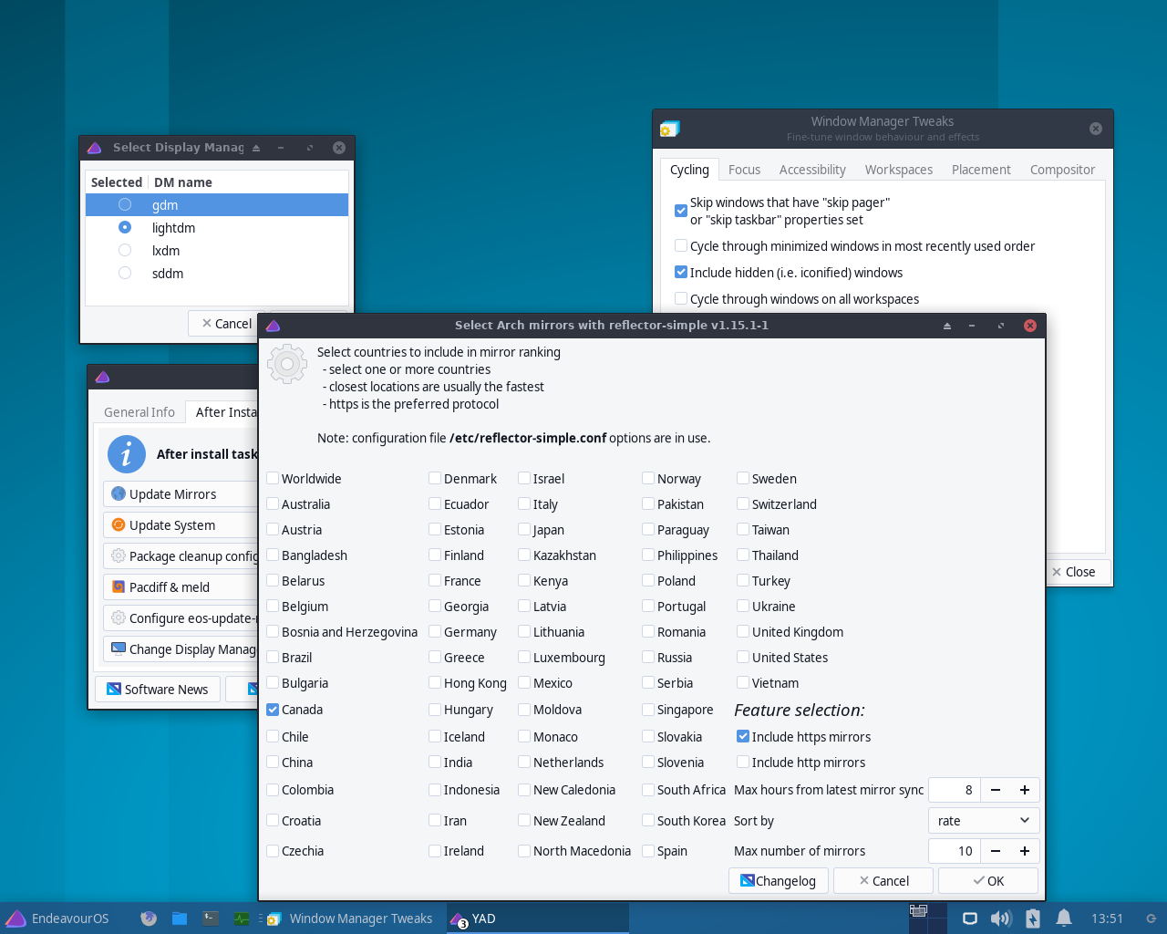 EndeavourOS desktop screenshot: 2021.04.17 settings