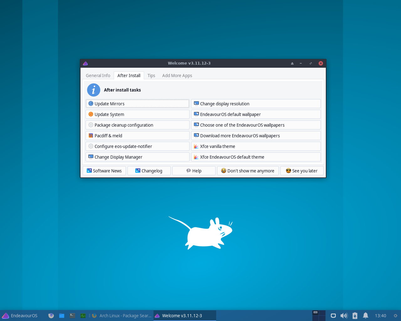 EndeavourOS desktop screenshot: 2021.04.17 welcome