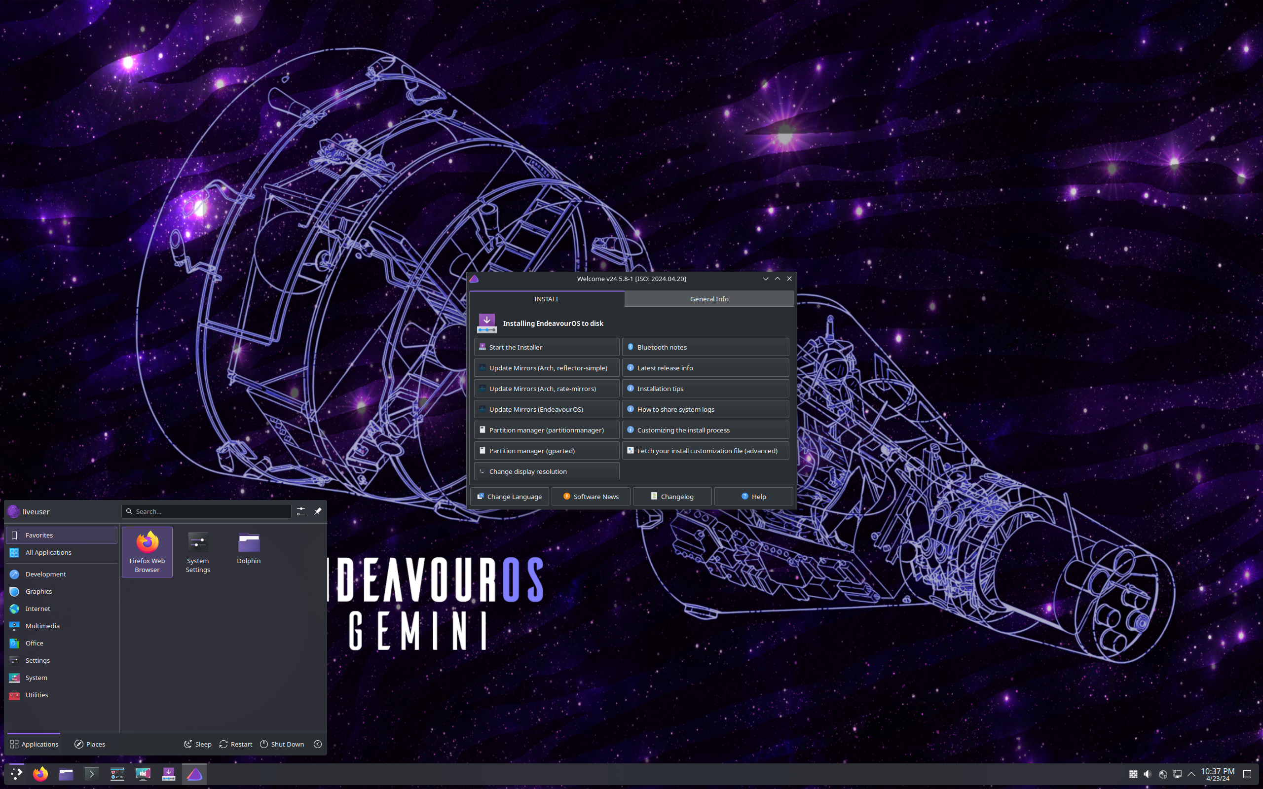 EndeavourOS desktop screenshot: 2024.04.20