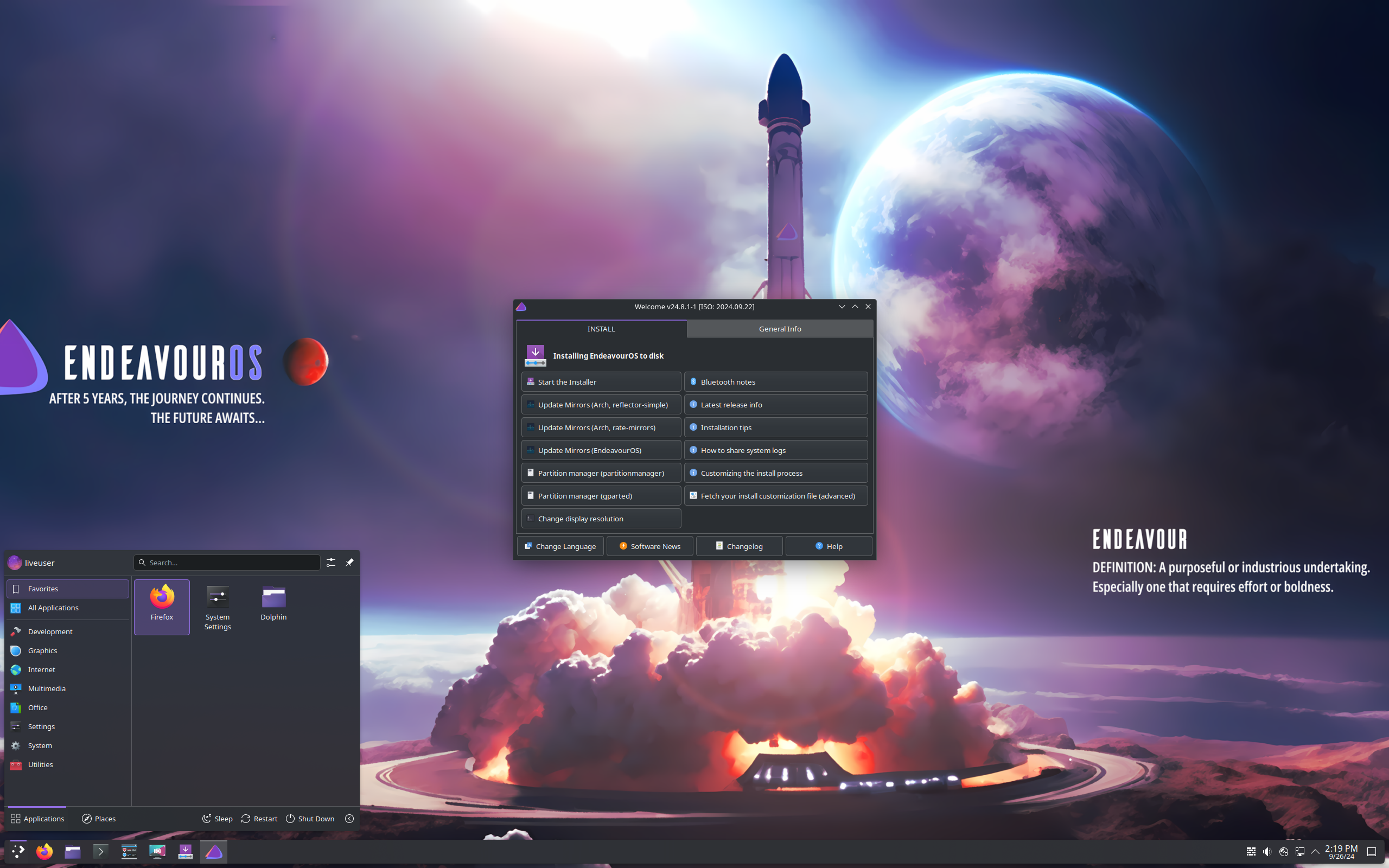 EndeavourOS desktop screenshot: 2024.09.22