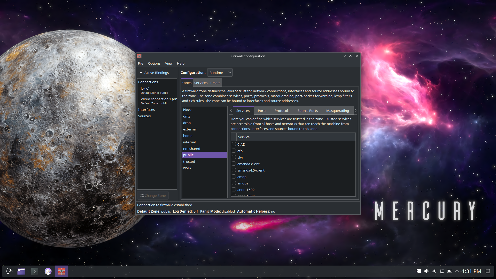 EndeavourOS desktop screenshot: 2025.03.19 firewall