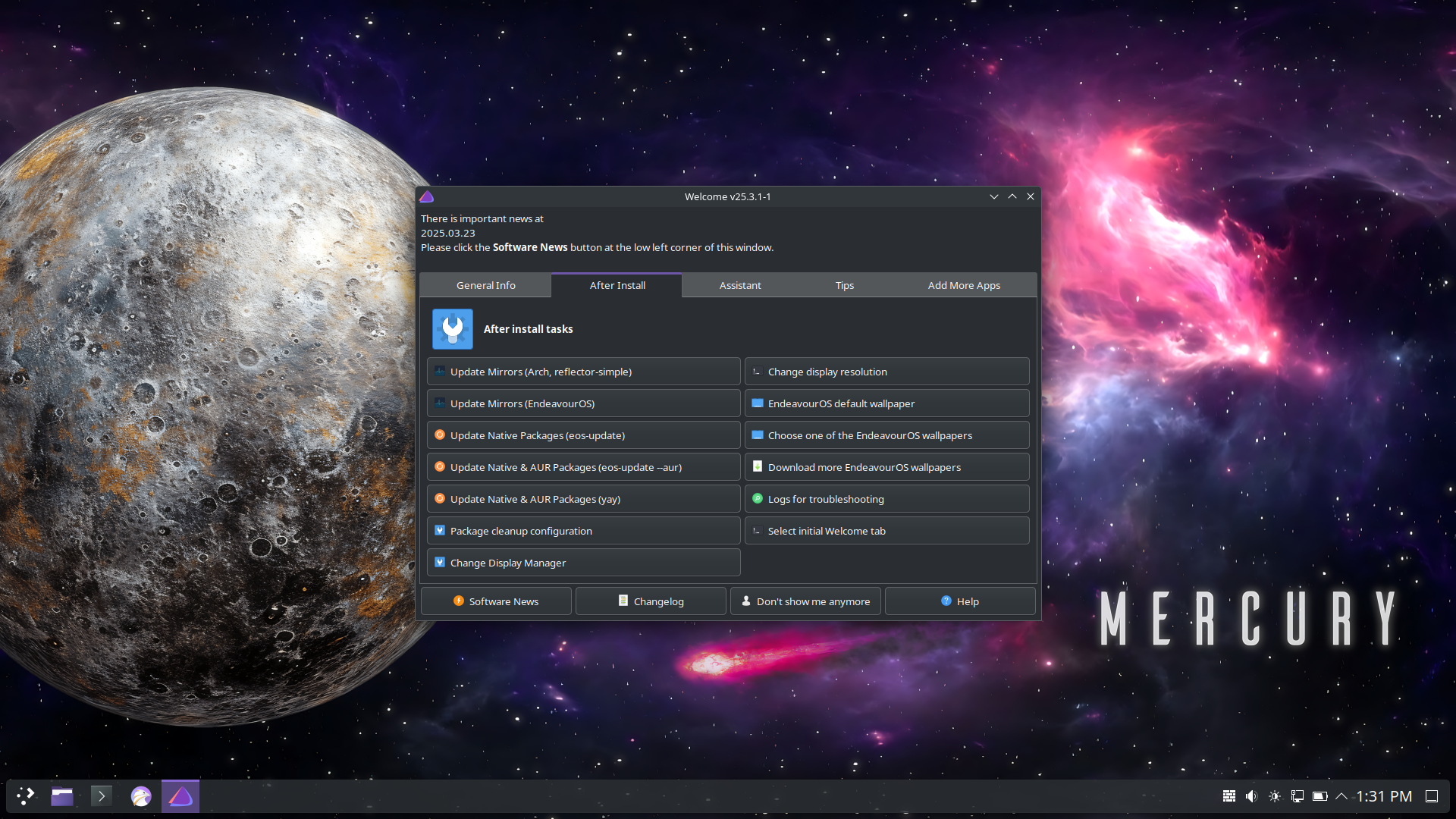 EndeavourOS desktop screenshot: 2025.03.19 welcome