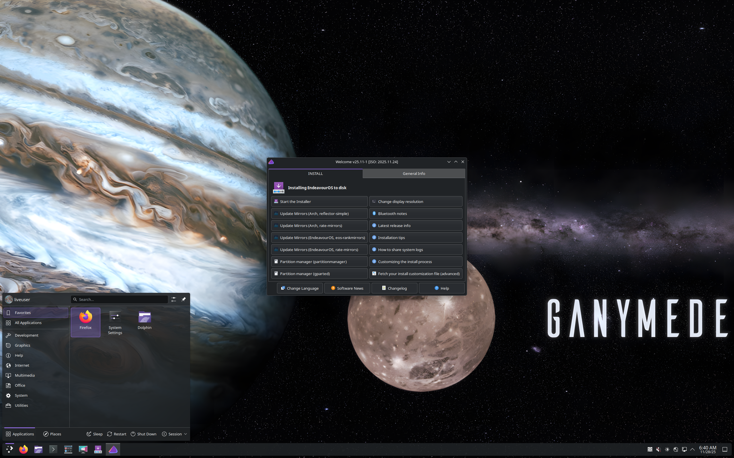 EndeavourOS desktop screenshot: 2025.11.24