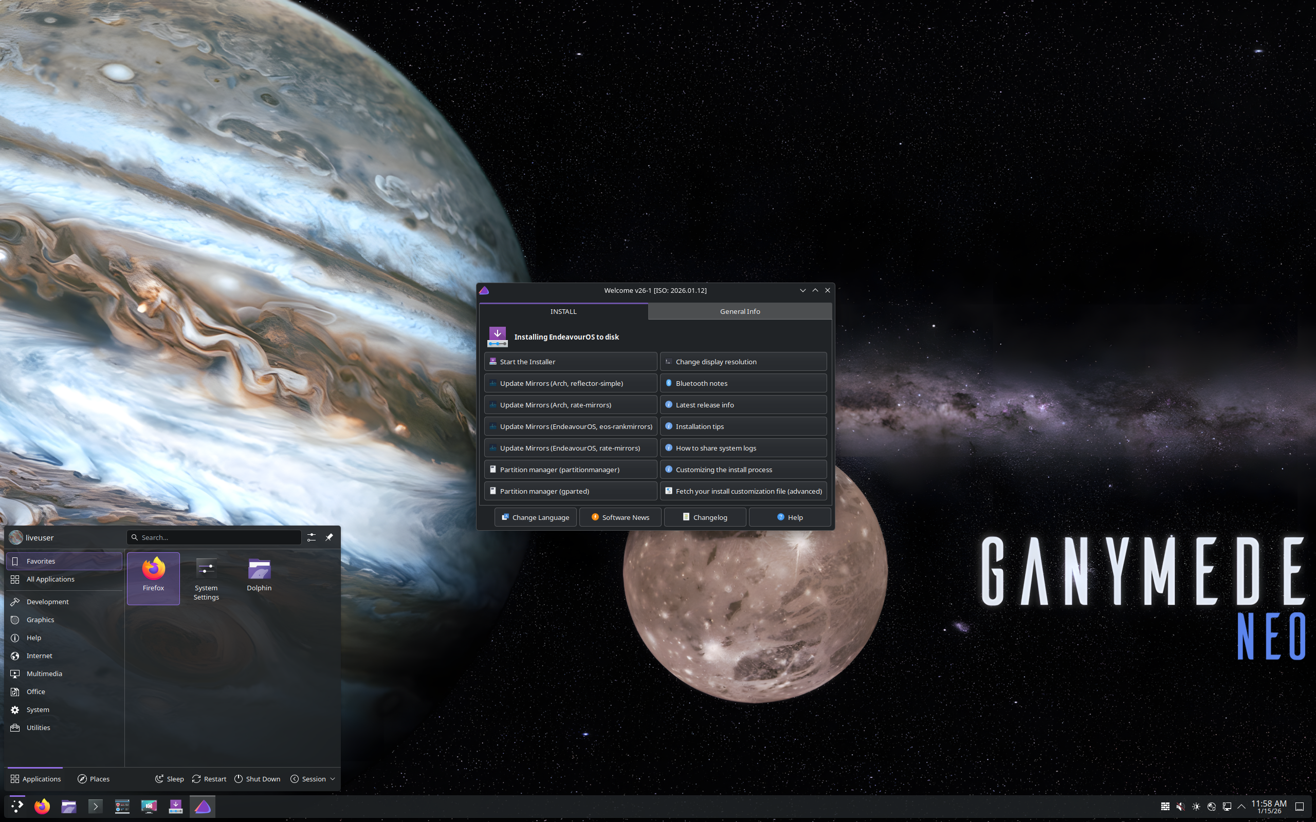 EndeavourOS desktop screenshot: 2026.01.12
