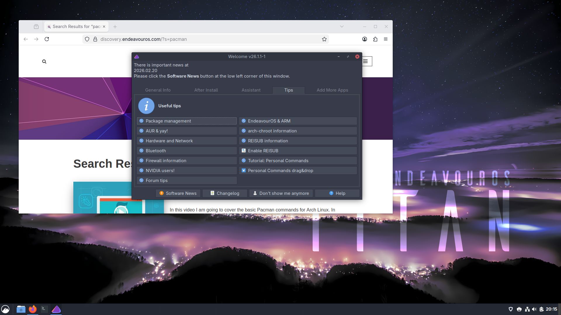 EndeavourOS desktop screenshot: 2026.03.06 documentation