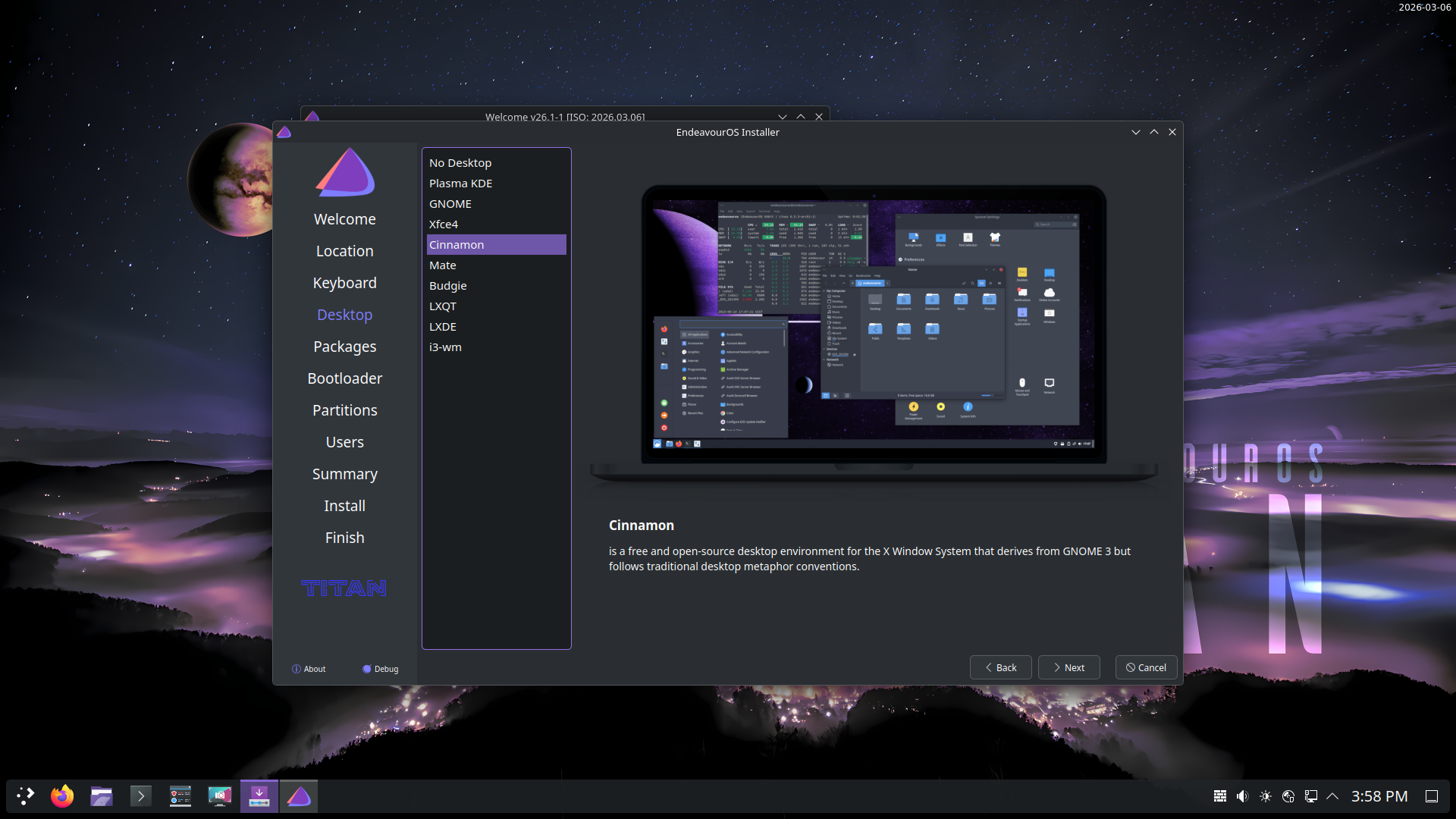 EndeavourOS desktop screenshot: 2026.03.06 installer