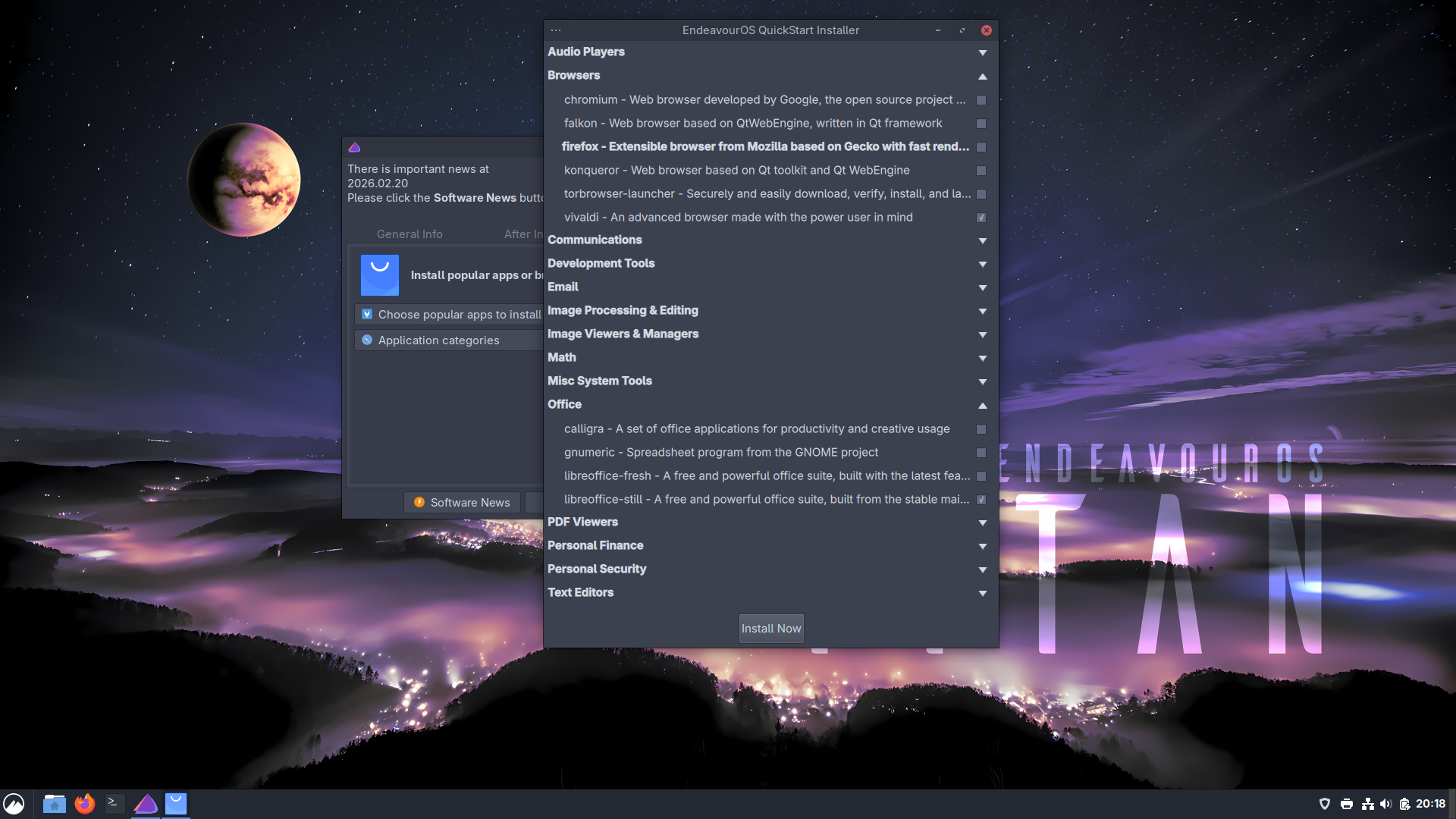 EndeavourOS desktop screenshot: 2026.03.06 packages