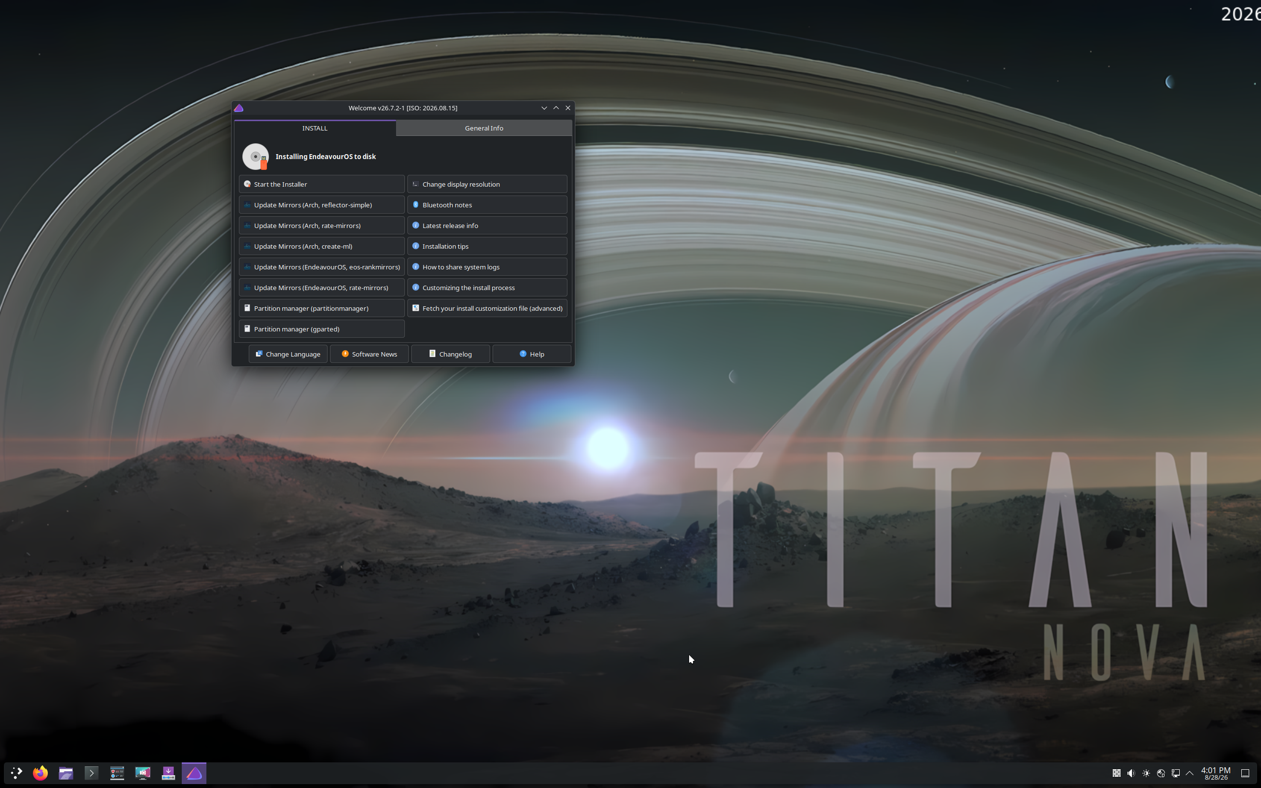 EndeavourOS desktop screenshot: 2026.08.15