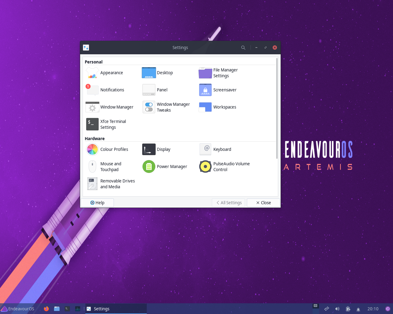 EndeavourOS desktop screenshot: 22.6 settings