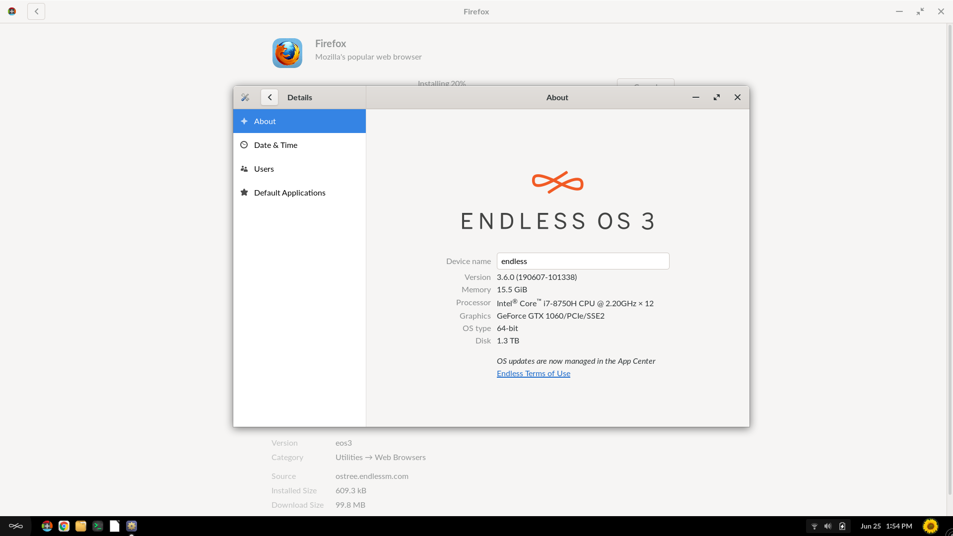 Endless desktop screenshot: 3.6.0 settings
