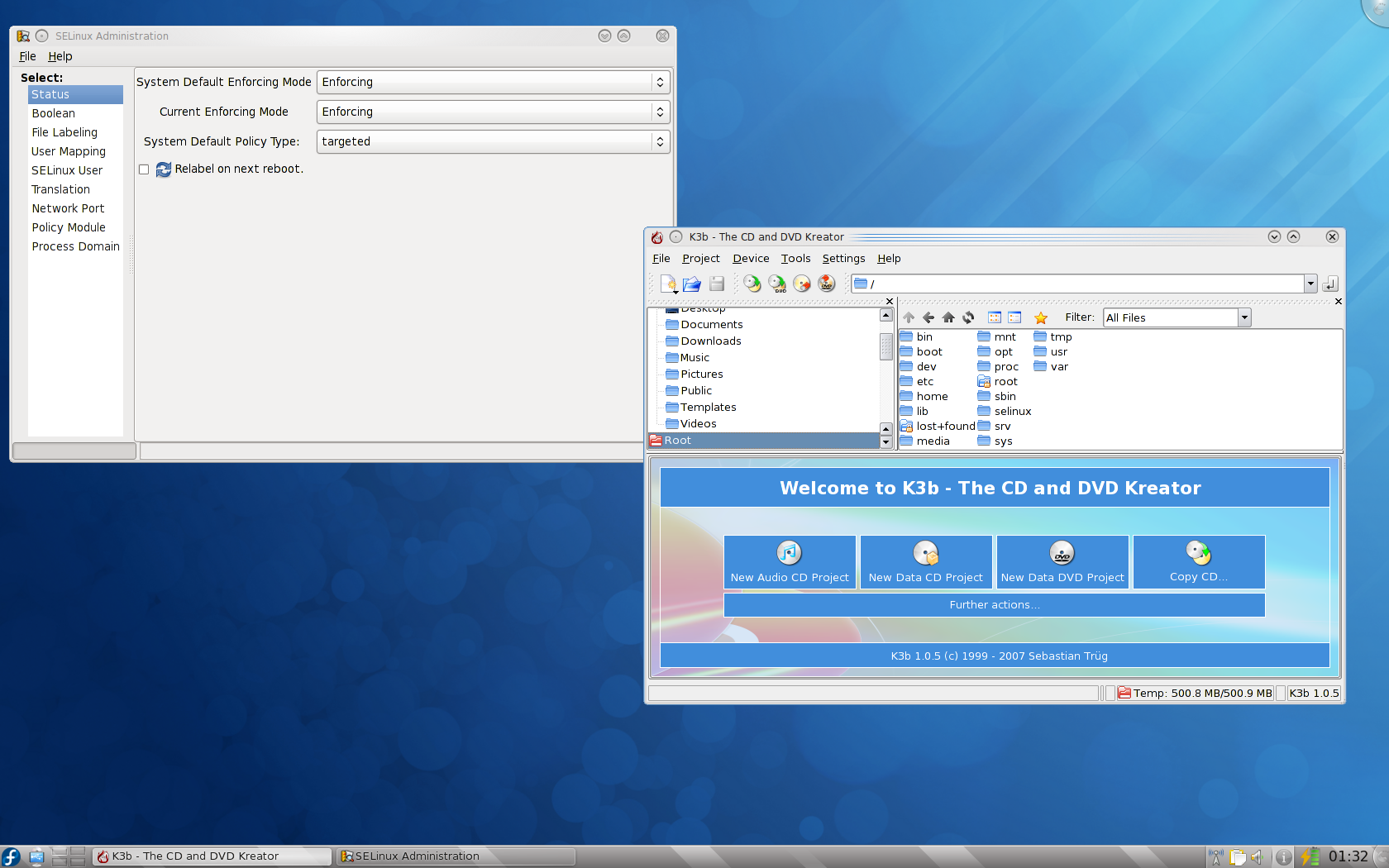 Fedora desktop screenshot: 12 selinux