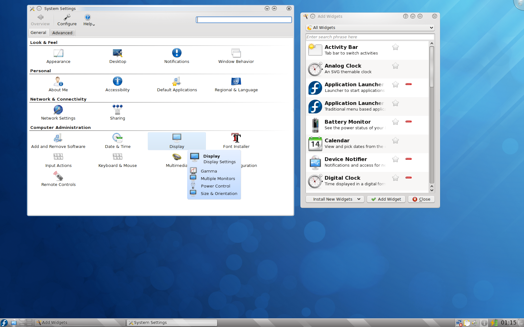 Fedora desktop screenshot: 12 settings