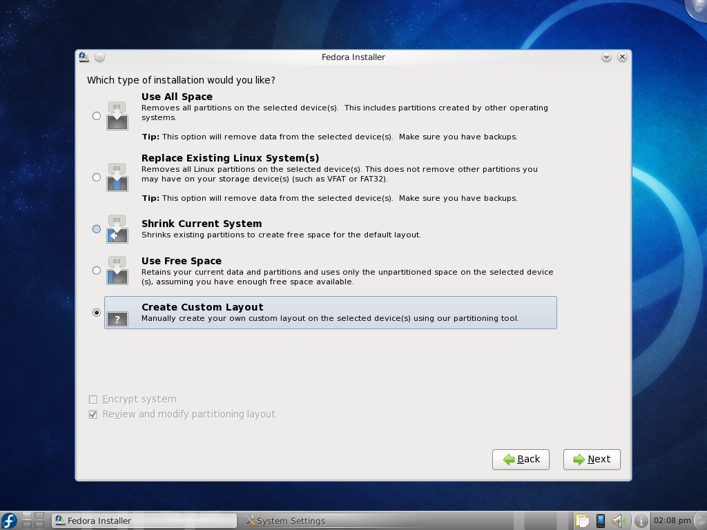 Fedora desktop screenshot: 13 install