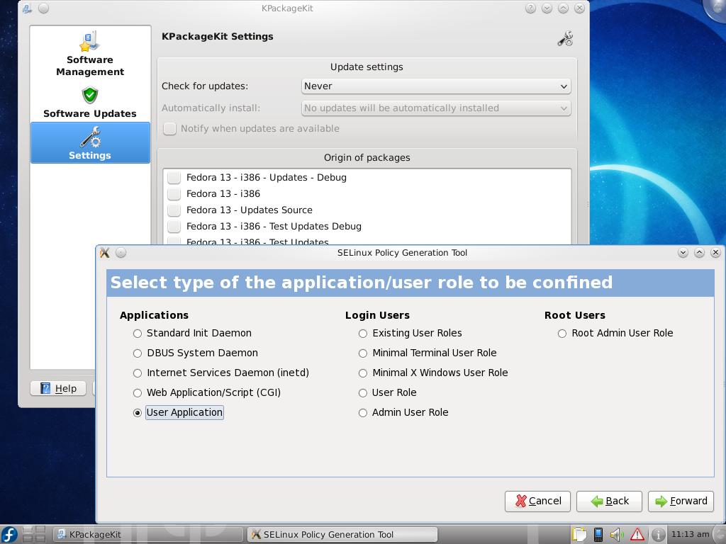 Fedora desktop screenshot: 13 security
