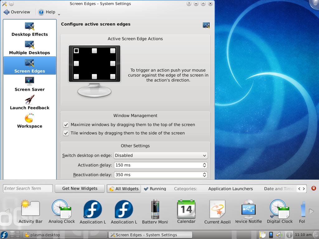 Fedora desktop screenshot: 13 settings