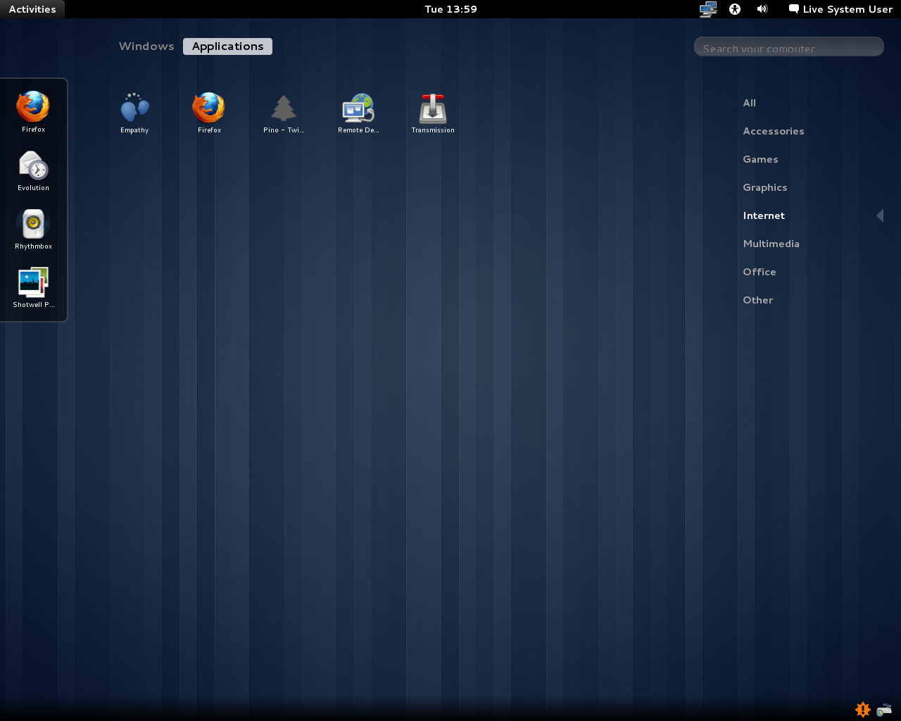 Fedora desktop screenshot: 15 alpha