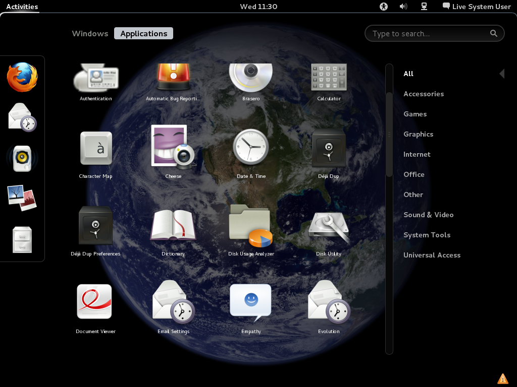 Fedora desktop screenshot: 15 applications