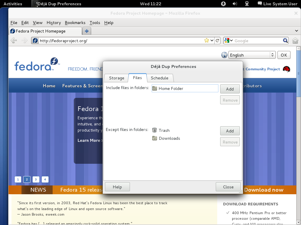 Fedora desktop screenshot: 15 firefox
