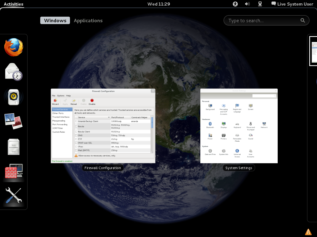 Fedora desktop screenshot: 15 settings