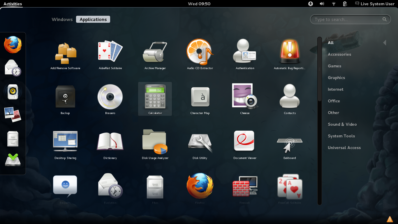 Fedora desktop screenshot: 16 menu