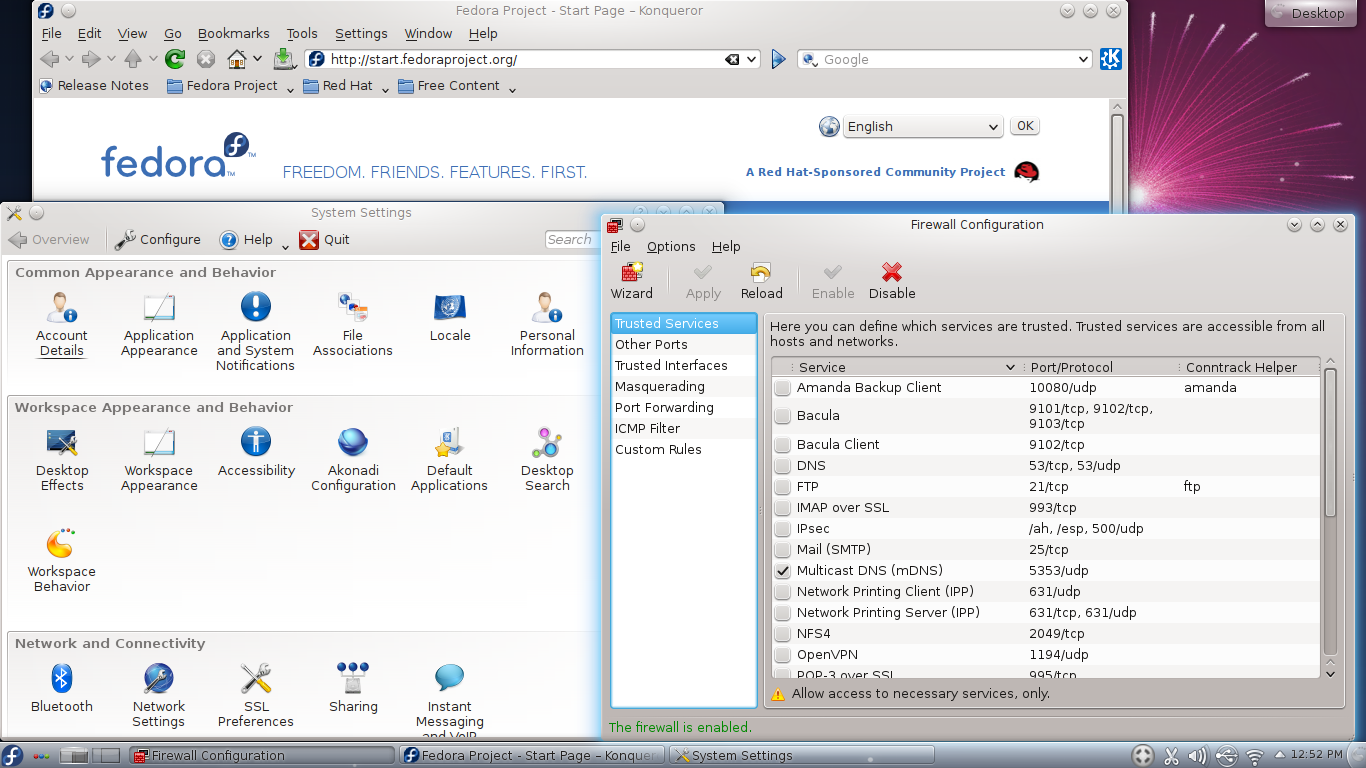 Fedora desktop screenshot: 17 settings