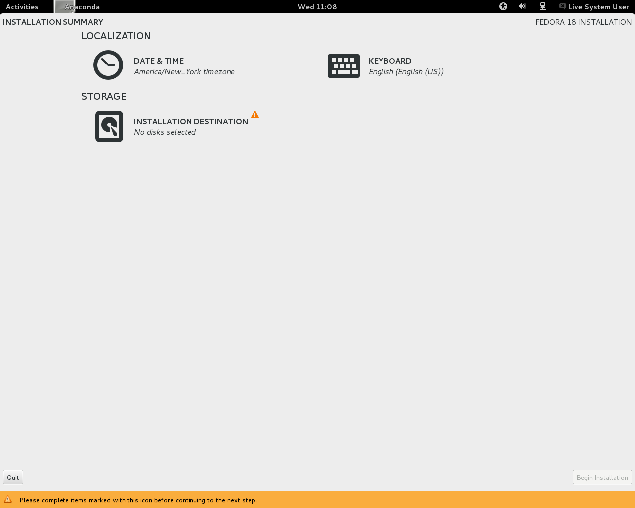 Fedora desktop screenshot: 18 installer