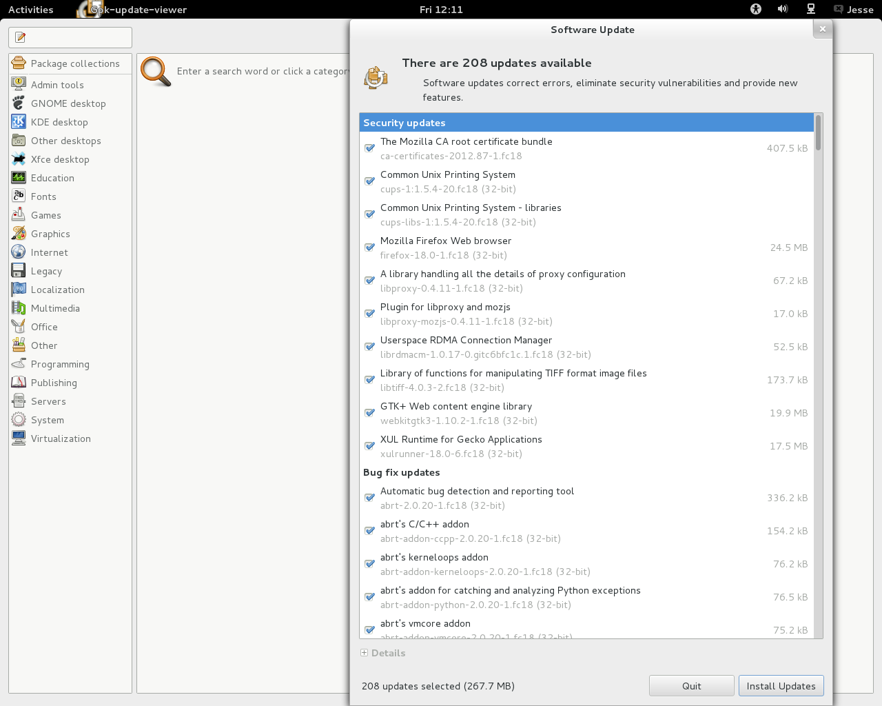 Fedora desktop screenshot: 18 packages
