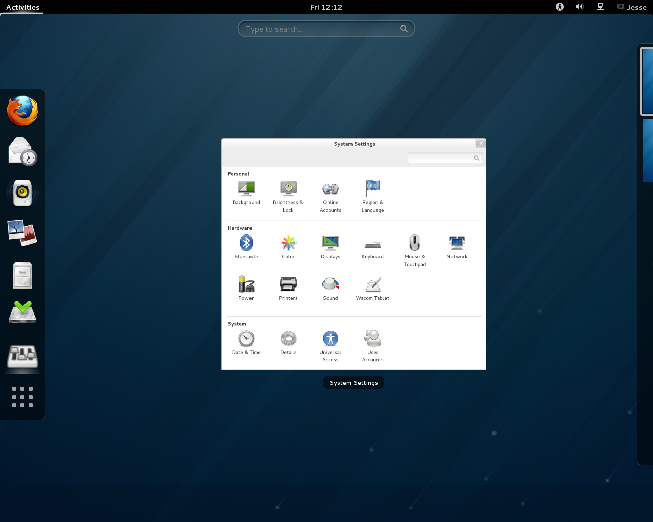 Fedora desktop screenshot: 18 settings