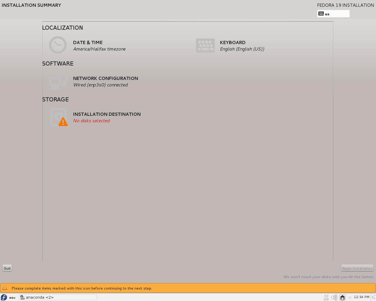 Fedora desktop screenshot: 19 installer