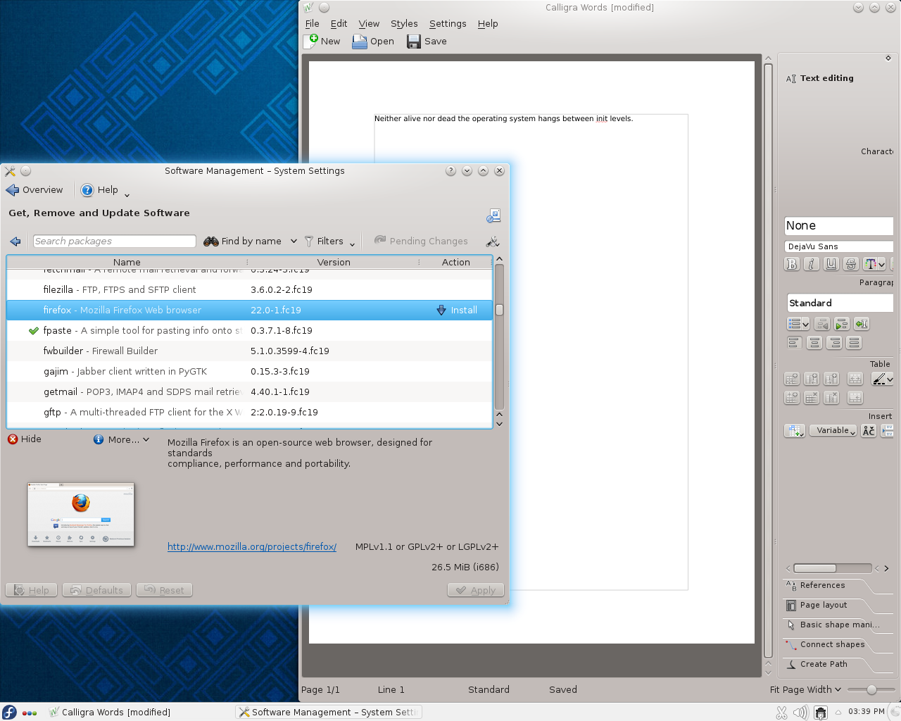Fedora desktop screenshot: 19 packages