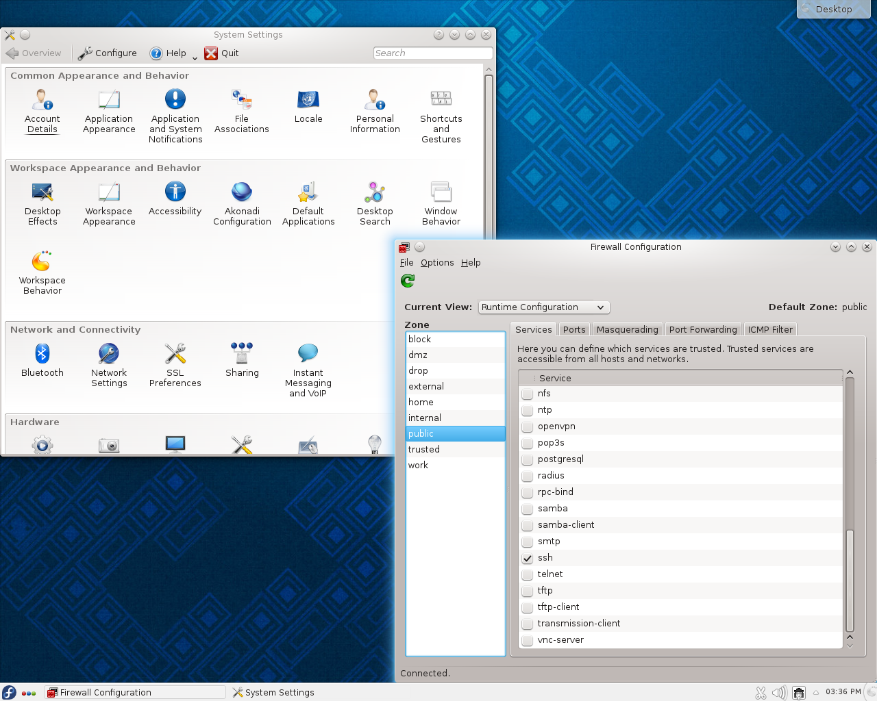 Fedora desktop screenshot: 19 settings