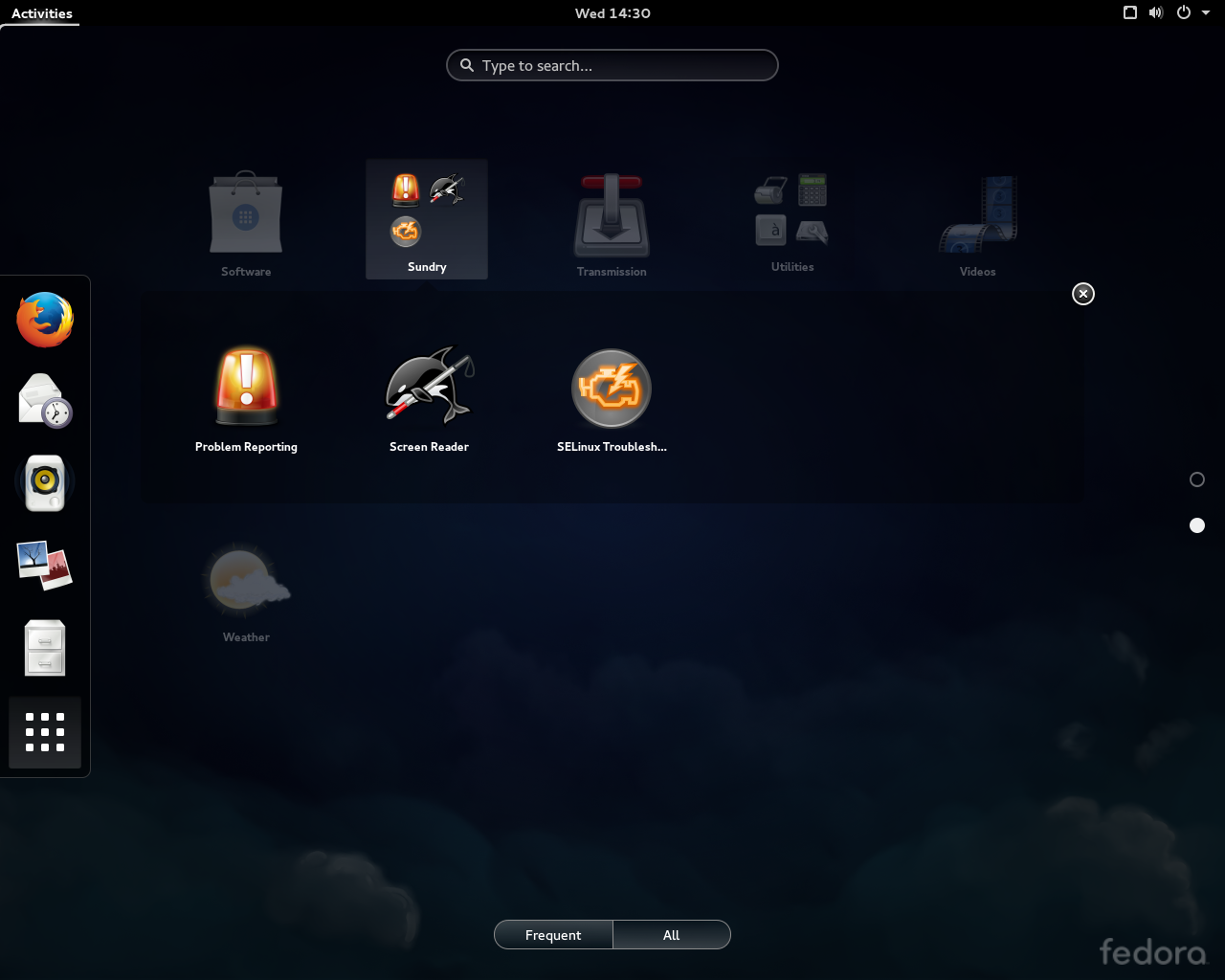 Fedora desktop screenshot: 21 activities