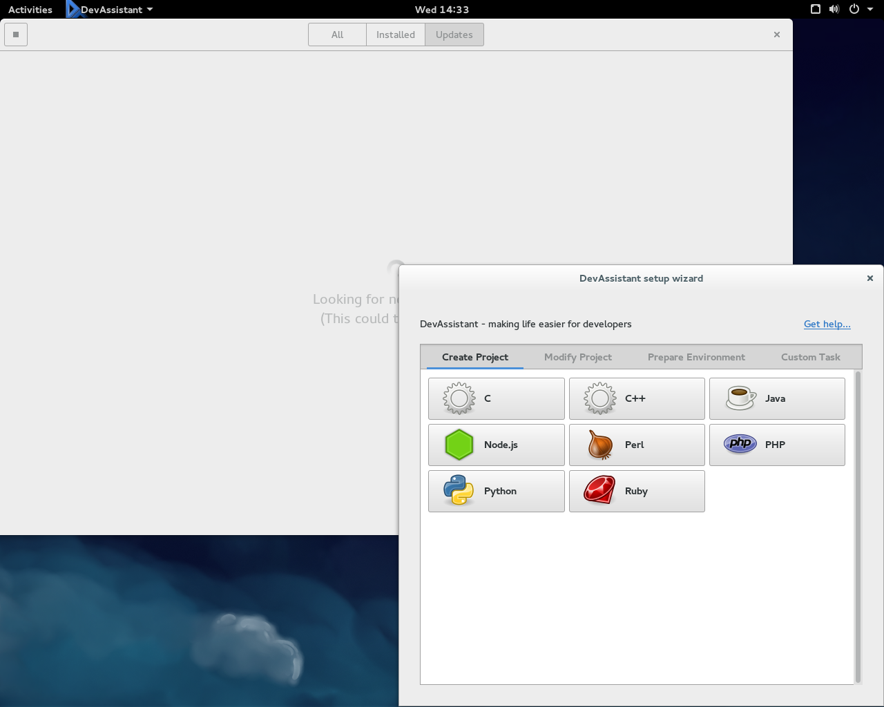 Fedora desktop screenshot: 21 devassistant