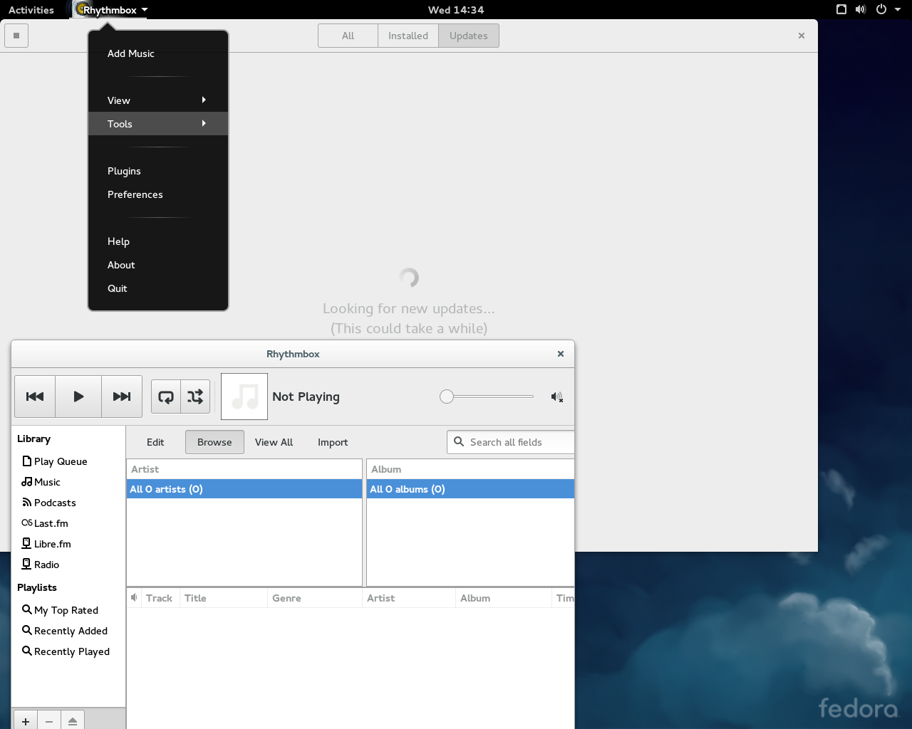 Fedora desktop screenshot: 21 flat menu