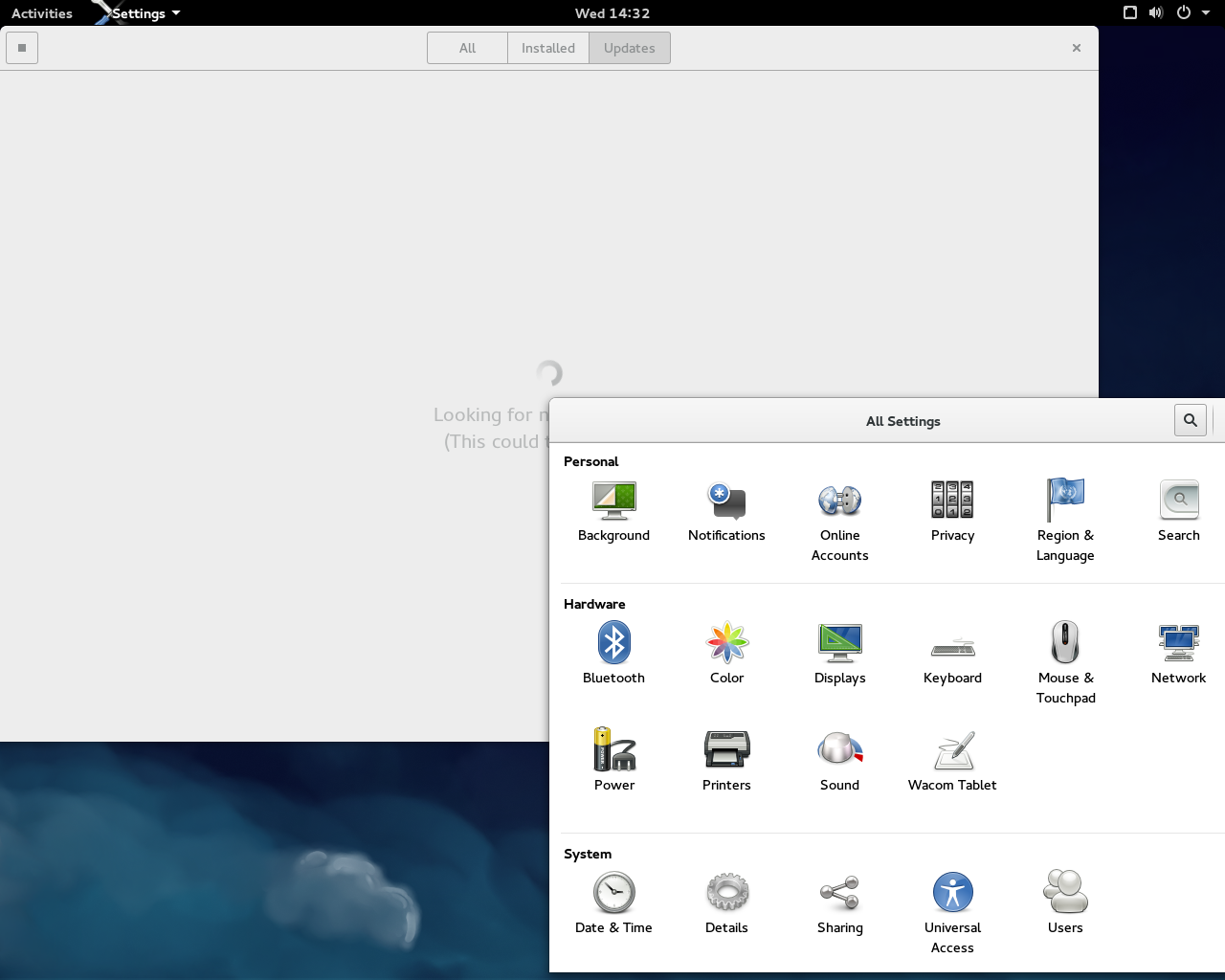 Fedora desktop screenshot: 21 settings