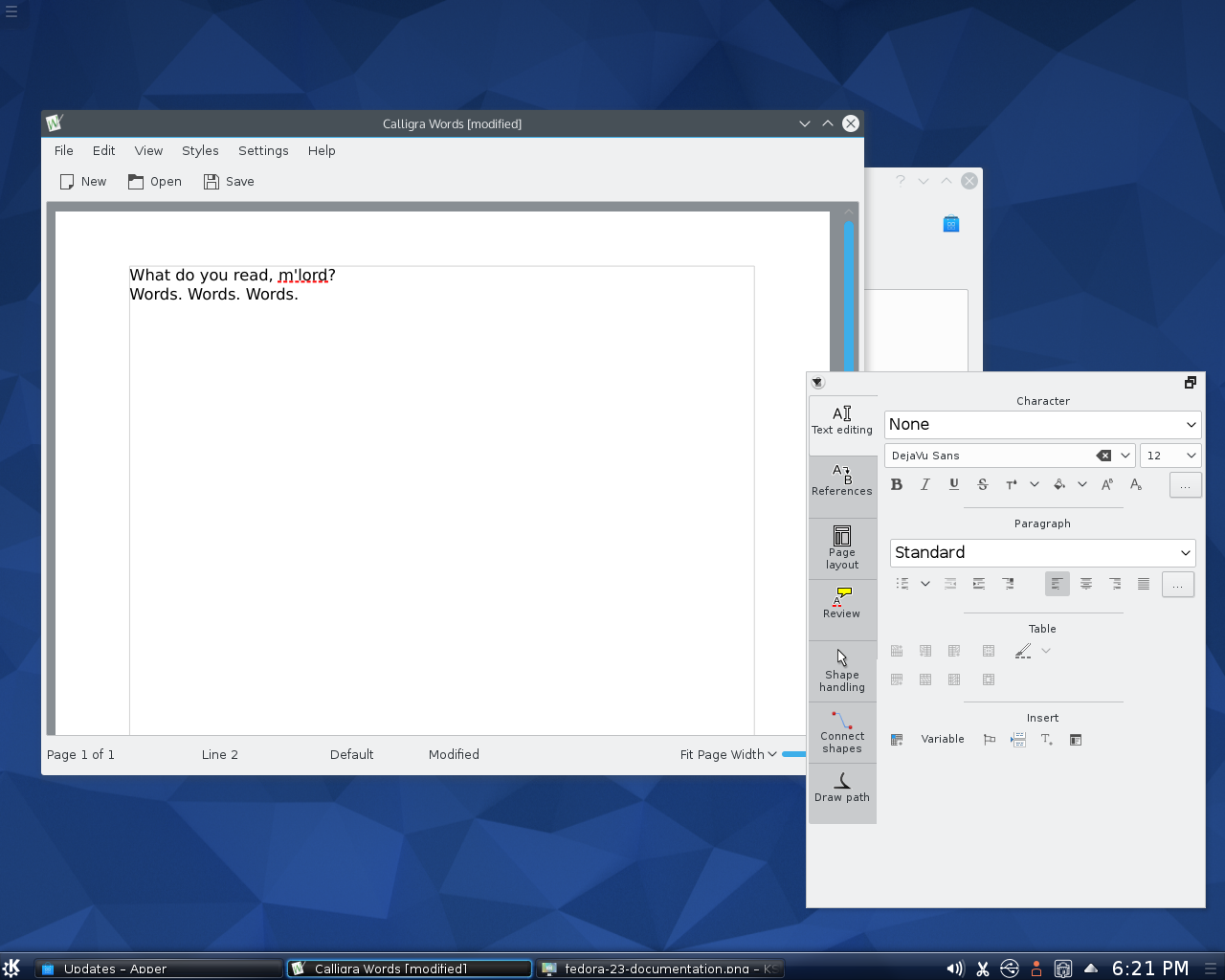 Fedora desktop screenshot: 22 calligra