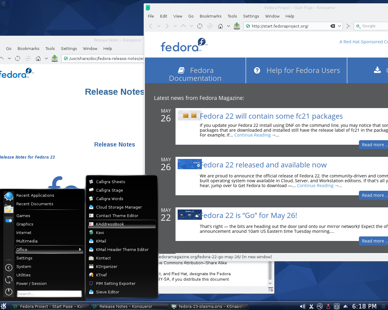 Fedora desktop screenshot: 22 documentation